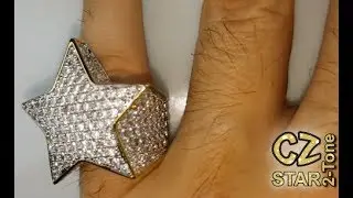 Mens Huge Star Ring Micro Pave CZ Hip Hop 2-Tone Bling Jewelry