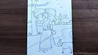 How to draw village women with goat step by step ll easy village scenery drawing for beginners ll