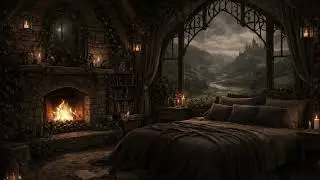 Rainy Castle Lookout Ambience | Medieval Hearth & Candlelight, Soft Rain, Cozy Fire Crackle (1 Hour)
