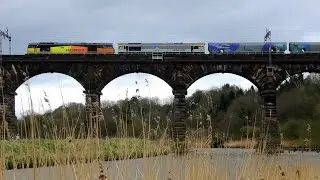 Test train & NEWLY painted CONSTRUCTION livery, 66793. Dutton Viaduct, 28th March 2021