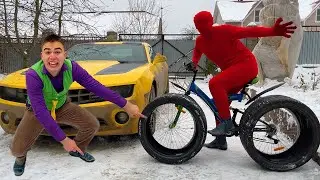 Mr. Joe on Chevrolet Camaro PUT BIG TIRES VS Red Man on BICYCLE 13+