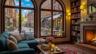 Spring Morning Coffee Shop ☕ Soft Jazz Piano & Fireplace Ambience for Focus & Productivity