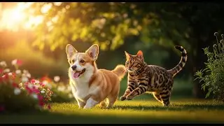 the corgi and the bengal cat couple go out to play in the garden