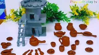 diy beautiful miniatuere house and kitchen set making with polymer clay #diy #clay #miniature