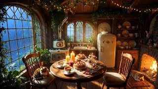 Cozy Tea Time Cottage Kitchen: Fireplace, Rainfall, Relaxing sounds for calming sleep, focus, study.