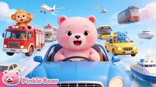 Fun Transportation Song for Kids🚗|Cars, Trucks, Trains & Planes |Learn Vehicles with Pinkle Bear!