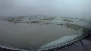 Very rainy approach and landing in Nice, France on runway 04L, Cockpit view with wipers on