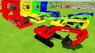 ALL COLORFUL EXCAVATOR, MAN TIPPER TRUCK TRANSPORTING TO GARAGE WITH FLATBED TRAILER TRUCK - FS22