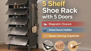 5 Shelf Shoe Rack with 5 Doors 👟 | Magnetic Closure | Steel Hook Holder | Space Saving Organizer