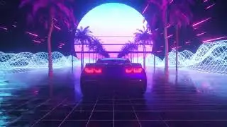 1 Hour Loop 80s Retro Background 3d Animation. Futuristic Car Drive Through Neon Abstract