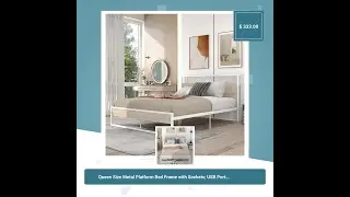 Queen Size Metal Platform Bed Frame with Sockets; USB Ports and Slat Support ; No Box Spring Needed