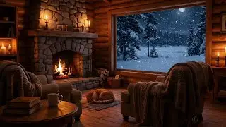 Snowy  Cozy Cabin Night | Fireplace & Howling Wind Ambience (No Music) | 4K UHD
