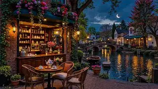 Uplifting Relaxing Jazz - Night Coffee Shop Outside & Tranquil Crisp Spring Ambience