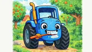 Drawing: Tractor brushing teeth. Song: Let's brush our teeth.