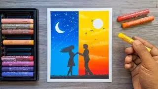 🌙✨ How to Draw Day & Night Couple | Easy Oil Pastel Drawing Step by Step Tutorial