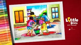 Holi Festival Drawing with Oil Pastel / How to Draw Holi Festival / Holi Drawing easy
