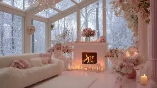Intimate Winter Fireplace Ambience with Snow Outside Creating a Soft Romantic Mood
