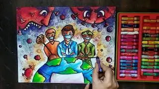 Very Easy Corona Warriors drawing with Oil Pastels! Salute to fighters! Corona Virus!