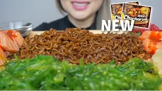 NEW Samyang Chacharoni Sweet Soy Bean Sauce With SPICY Salmon Sashimi and Seaweed Salad *NO TALKING