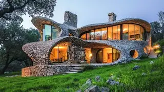 Rustic Stone House: With Glass Windows & Twilight Glow | Organic Architecture in Lush Greenery