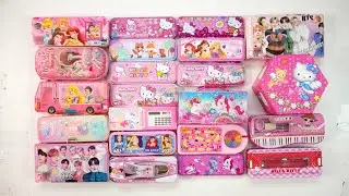 unboxing unicorn pink stationery collection 😁 geometry,hello kitty,pencil box,sharpener,eraser,pouch