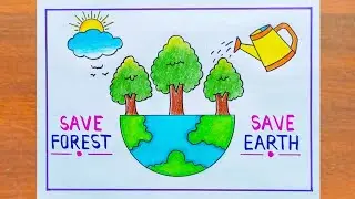 World Forest Day Drawing / Save Forest Save Earth Poster Drawing Easy Steps / Forest Day Drawing