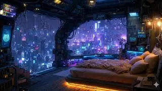 🎵 Luxury Cyberpunk Bedroom: Sleeping with City View | Rain & Ambient Music | 4K | 10 hrs