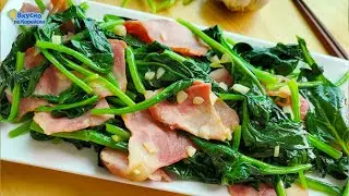 салат на быструю руку. шпинат с беконом | корейская еда