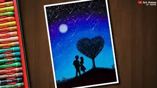 Moonlight Love Tree Drawing with Oil Pastels - Step by Step