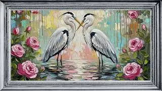 TV Art: Two Herons in Love | Elegant Floral Bird Painting, Vintage Frame | 4K#painting #4kart