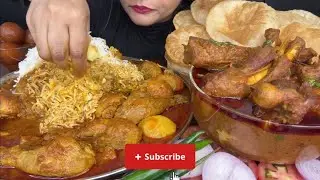 Eating Puri with mutton curry and rice with chicken curry egg#foodie #asmr #eatingshow