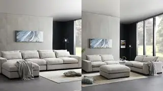 Shelby Wide Reversible Corner Sectional Sofa with Ottoman, White Feathers Padded, Linen Fabric Диван