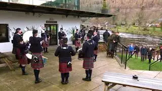 Vale of Atholl pipe band at Kenmore Hotel by the river Tay for the 2018 Salmon fishing ceremony