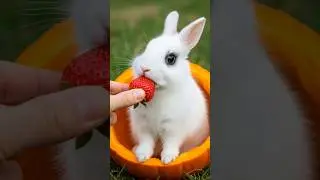Pumpkin Seat Bunny Eating Strawberry from Hand 🍓🐰 Sooo Satisfying!#viral #shorts