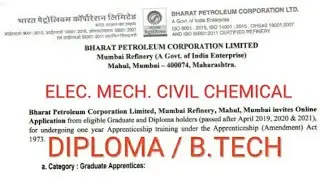 BPCL DIPLOMA, B TECH VACANCY 2021 ! bharat Petroleum Corporation Ltd vacancy !