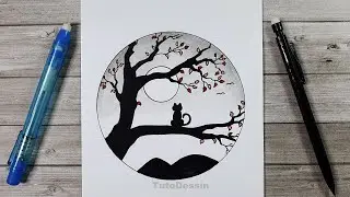 Comment dessiner un chat perché dans un arbre de nuit | Dessin facile | Dessin pour débutants
