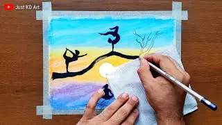 International Yoga Day Drawing with Oil Pastels for Beginners । Yoga Day Drawing - step by step.