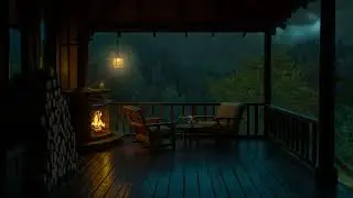 Heavy Rain & Thunder on a Mountain Porch ⚡ Cozy Fireplace Ambience for Sleeping
