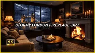 STORMY LONDON FIREPLACE JAZZ (4K) | Tower Bridge Night Ambience for Relax, Focus & Sleep