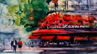 Aquarela do Triadou Haussmann ic&ocirc;nico Restaurante de Paris Passo a Passo #aquarela #watercolor #art