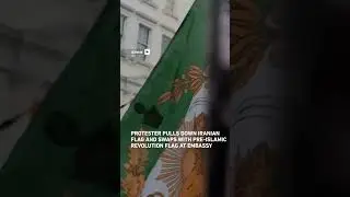 Protester pulls down national flag from Iranian embassy in London
