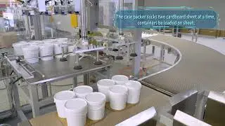 Automatic case packer, sleeve shrink wrapping machine and robot palletizer for plastic containers