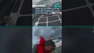 Father and son pulled out of ocean after hanging onto a cool box as boat sinks