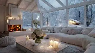 🎹 Warm Fireplace Piano Winter | Cozy White Room & Snowfall for 5 Hours | Anxiety Relief Study Relax