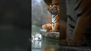 Curious Kitten and Tiger Cubs Watch Swans and Learn Graceful Moves #cute #wildlife #animals