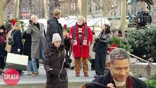 Arnold Schwarzenegger And Alan Ritchson Film A Scene For 'The Man With The Bag' In Bryant Park, NY
