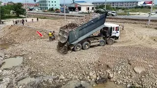 Incredible Bulldozer Operator Clearing and Pushing Soil Filling Land With Dump Trucks