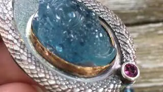 Money Toad Carved Aquamarine 925 Silver Handmade Necklace