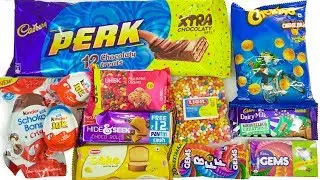 Candies, Cookies Kinder joy, Dairy milk, Perk, Gems, Cheetos