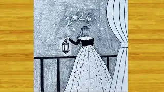 Happy New Year 2026 Pencil Sketch | Girl With Larten Drawing | Sundar Ladki Ka Chitra Kaise Banaen 